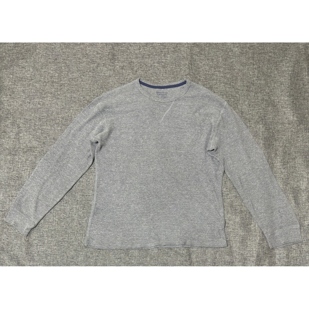 Perry Ellis Mens Large Long Sleeve Shirt Gray Waffle Knit Crewneck